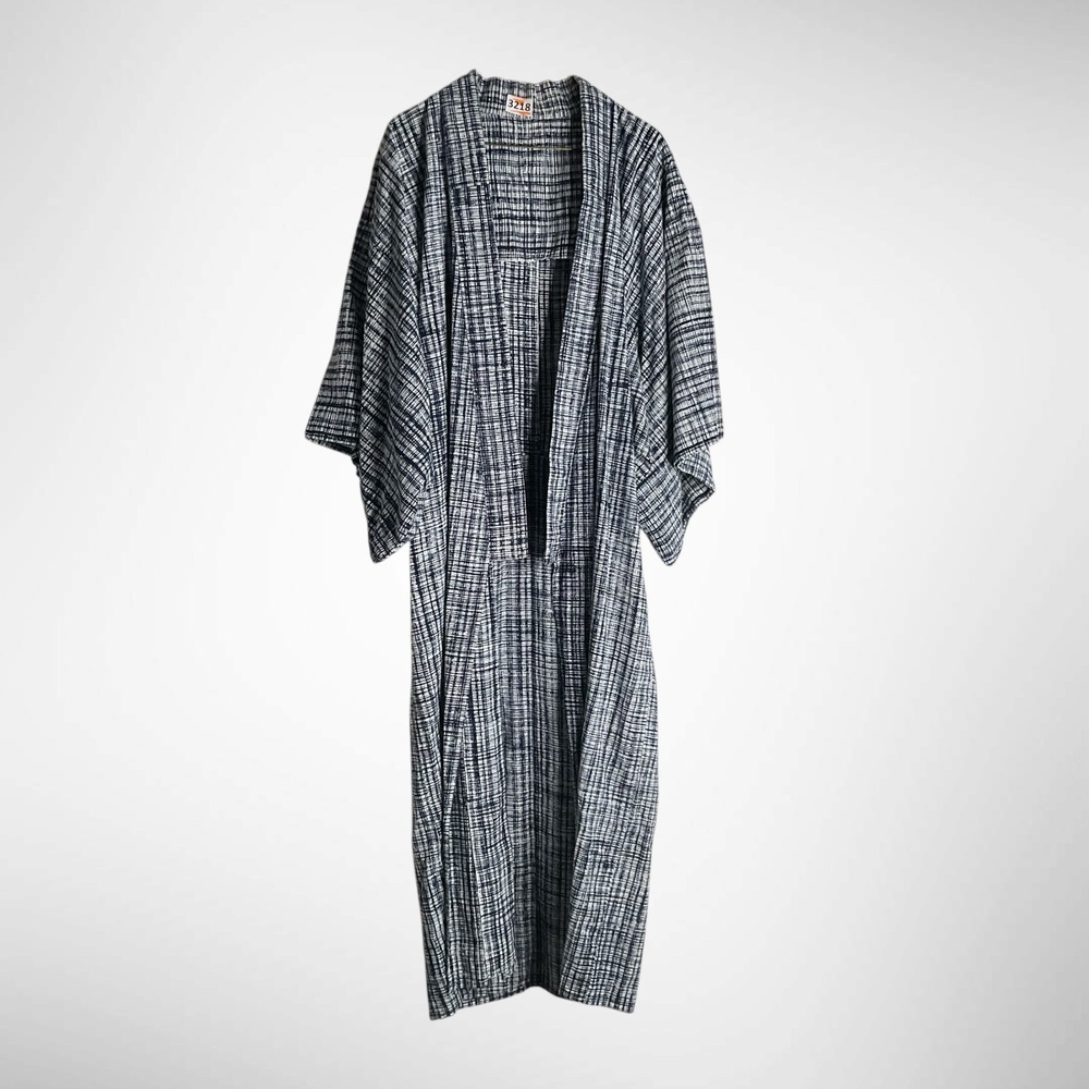 Vintage Yukata Kimono Robe Open Front Lightweight Cover Up‎ Blue White Pattern
